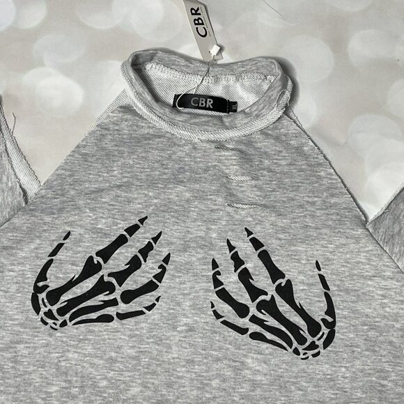 Womens XL Gray CBR Skeleton Hands Cut-Out Shoulder Long Sleeve distressed Top - Picture 2 of 6